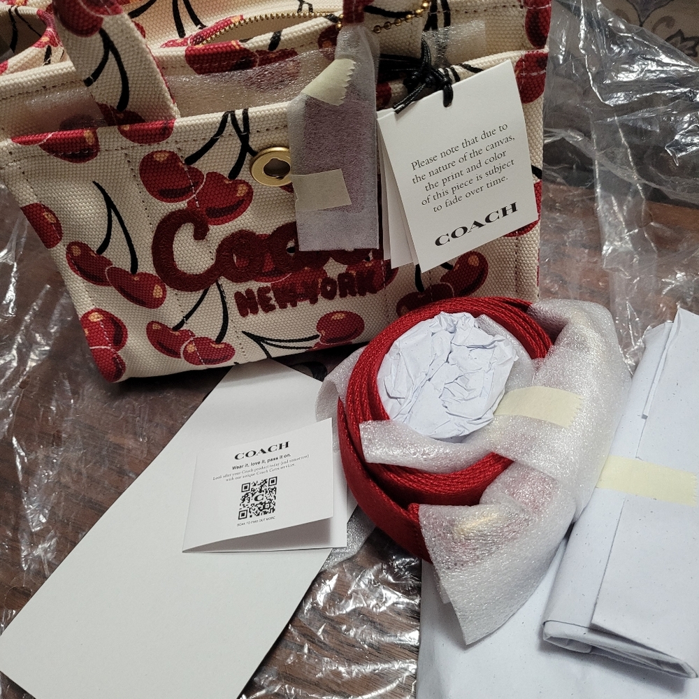 SOLD Coach Mini Tote Cherry Print Tote Bag - White and Red - Picture 9 of 10